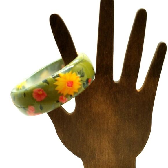 Vintage Chunky Green Orange Red Floral Bangle Bracelet 1" Wide - Picture 3 of 9